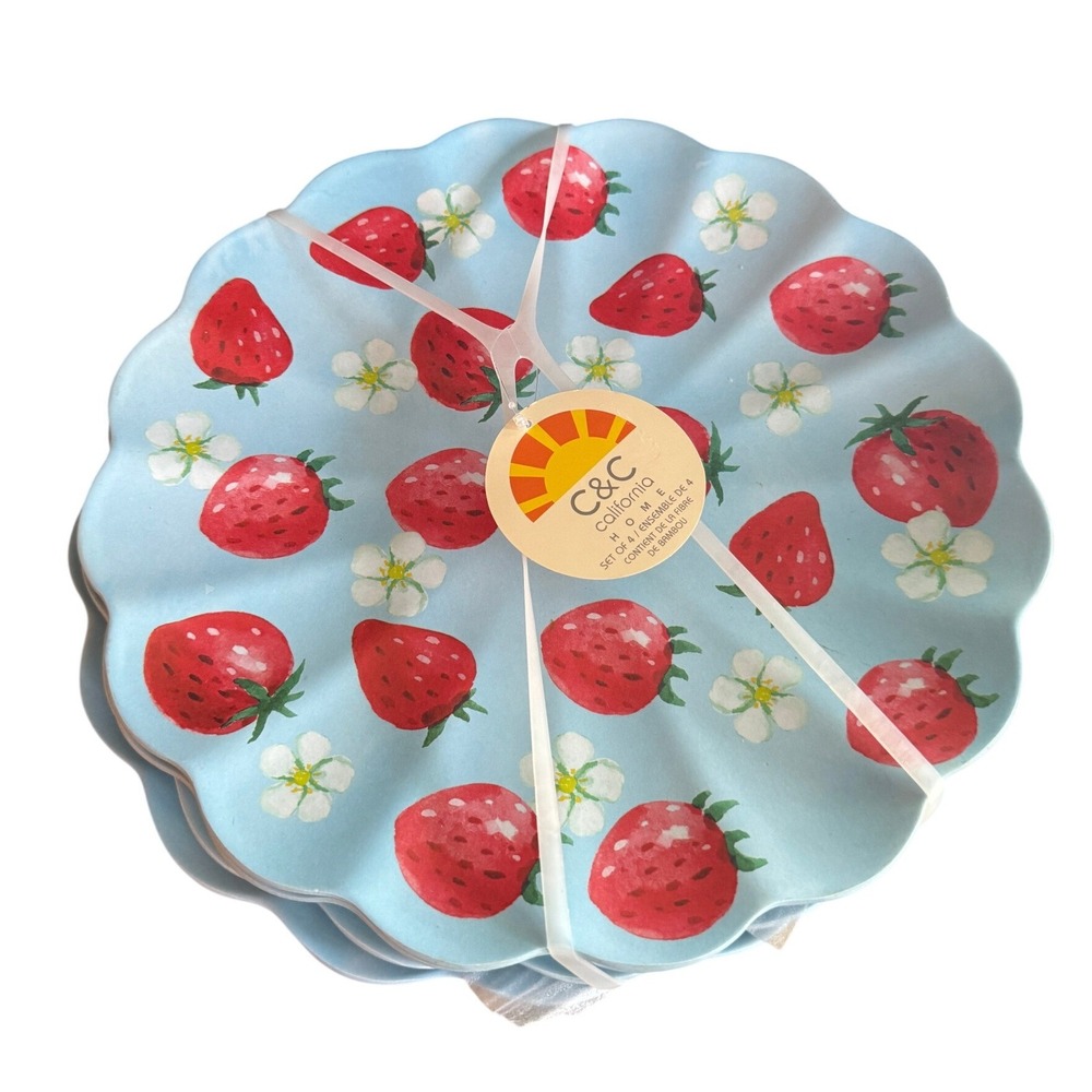 C&C California Home Strawberry Bamboo Fiber Scalloped‎ Plates Set of 4 New